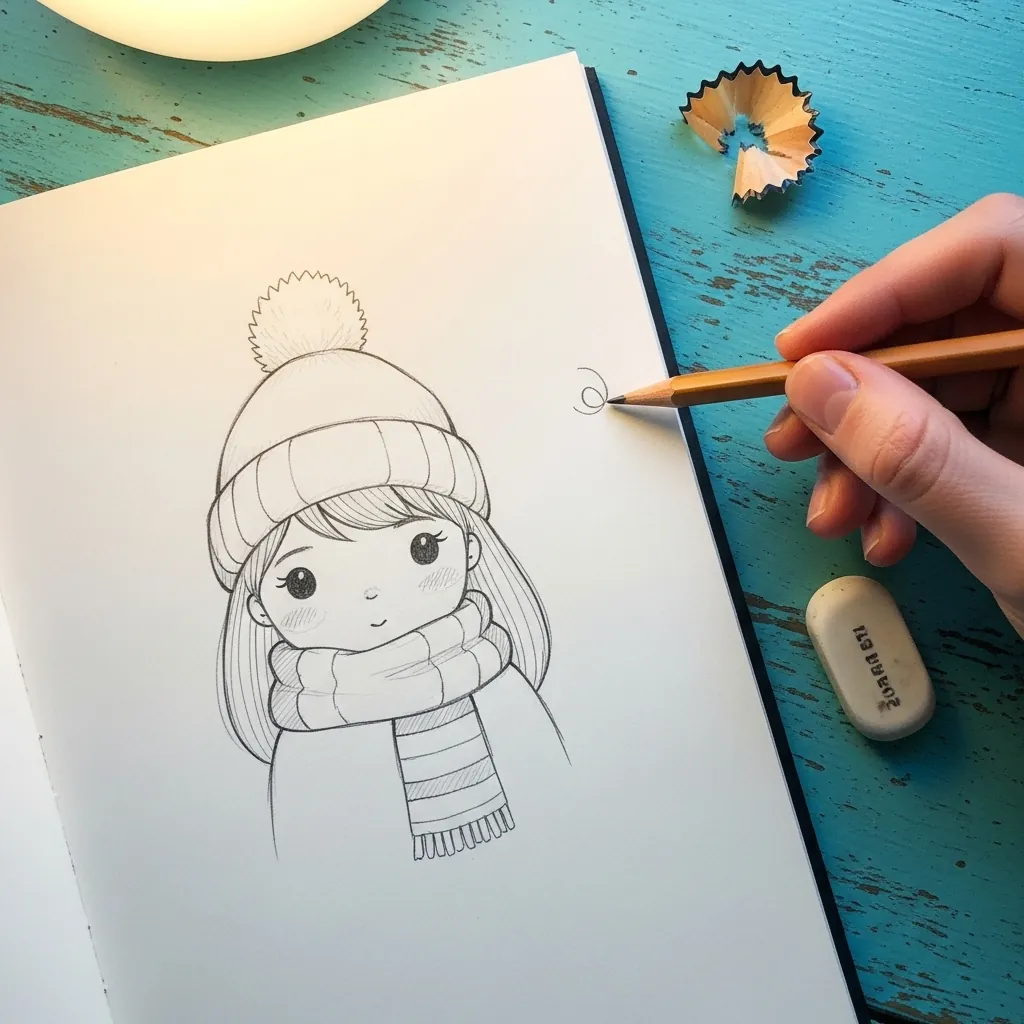 Beginner drawing a girl in a bobble hat and striped scarf on blue paper