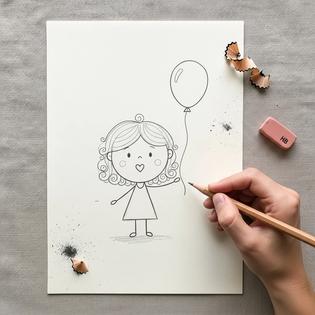 Beginner drawing a tiny girl with curly hair holding a balloon on a string