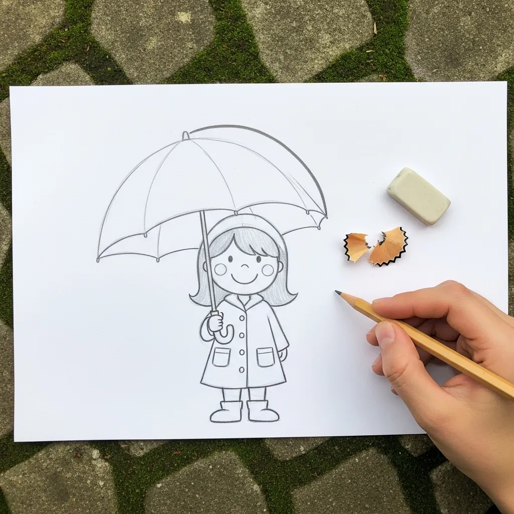 Beginner drawing a girl in a raincoat holding an open umbrella