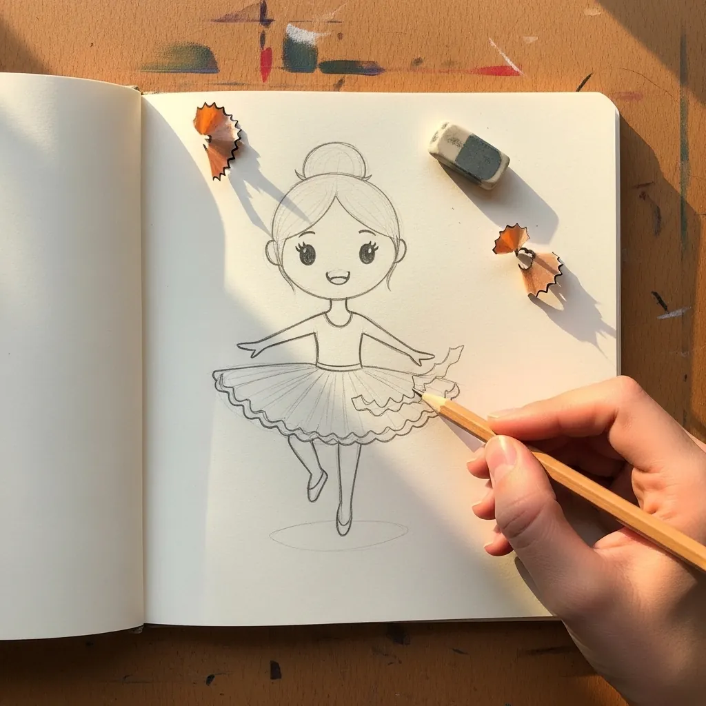 Beginner drawing a ballerina in a tutu standing on pointe