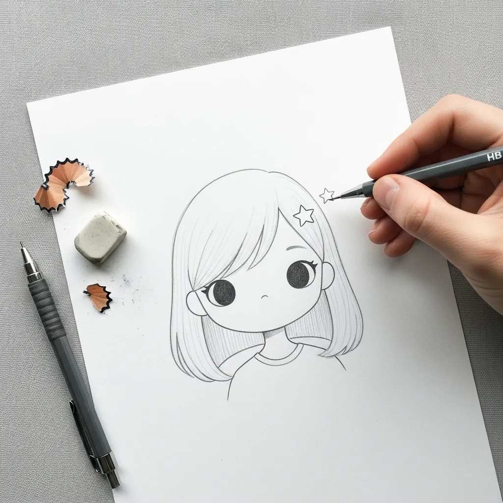 Beginner drawing a girl with long straight hair and one hand raised