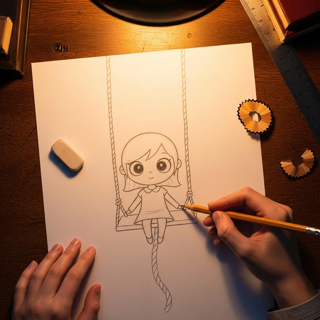 Beginner drawing a girl sitting on a swing with two long ropes