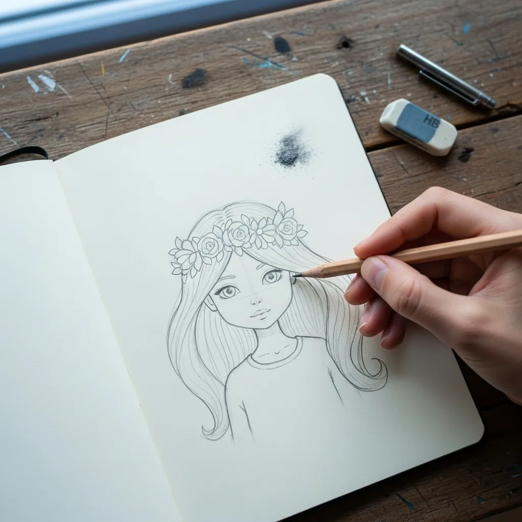 Beginner sketching a girl with a flower crown and long flowing hair