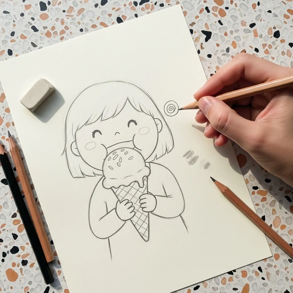 Beginner drawing a smiling girl holding a tall ice cream cone