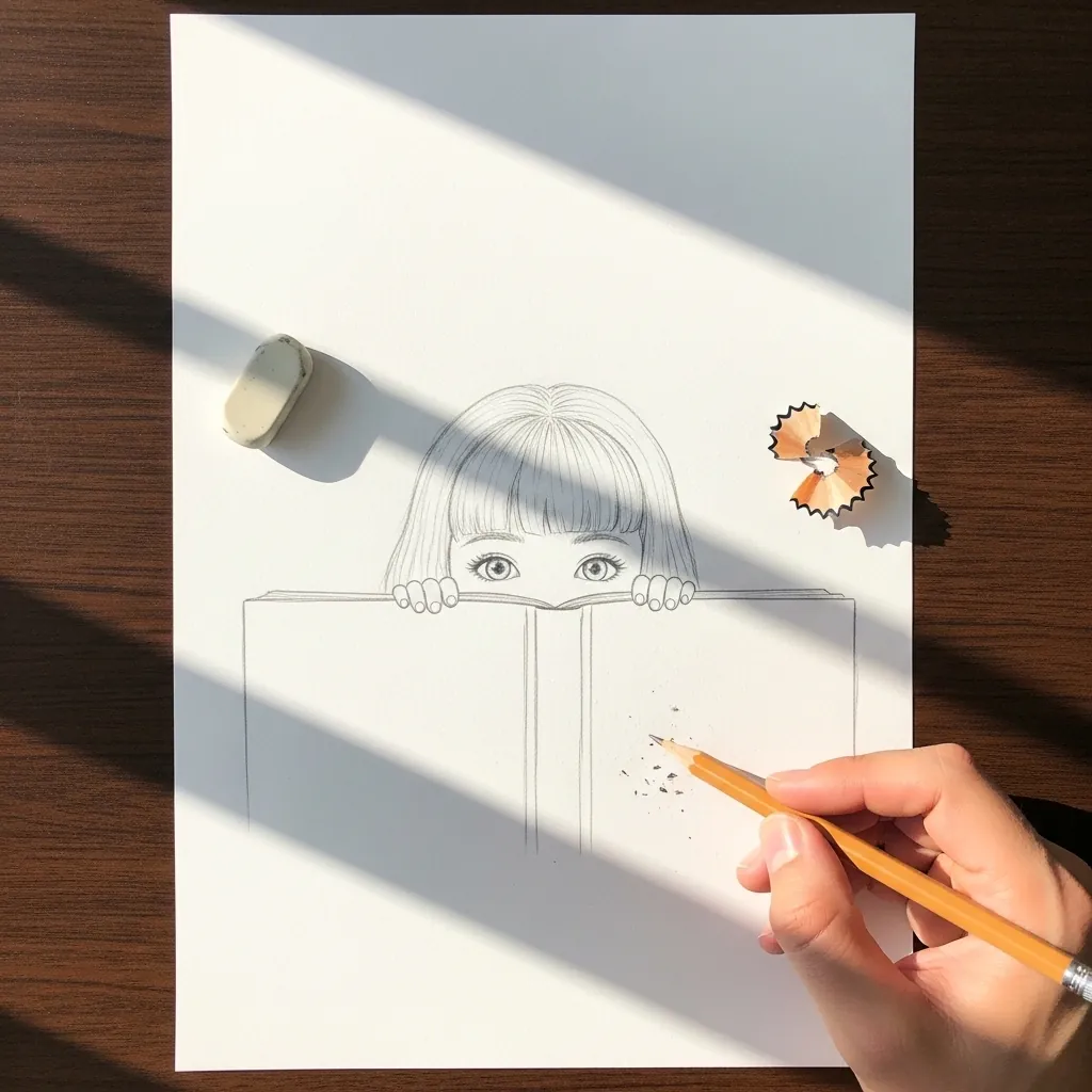 Beginner drawing a girl peeking over the top of a book or ledge