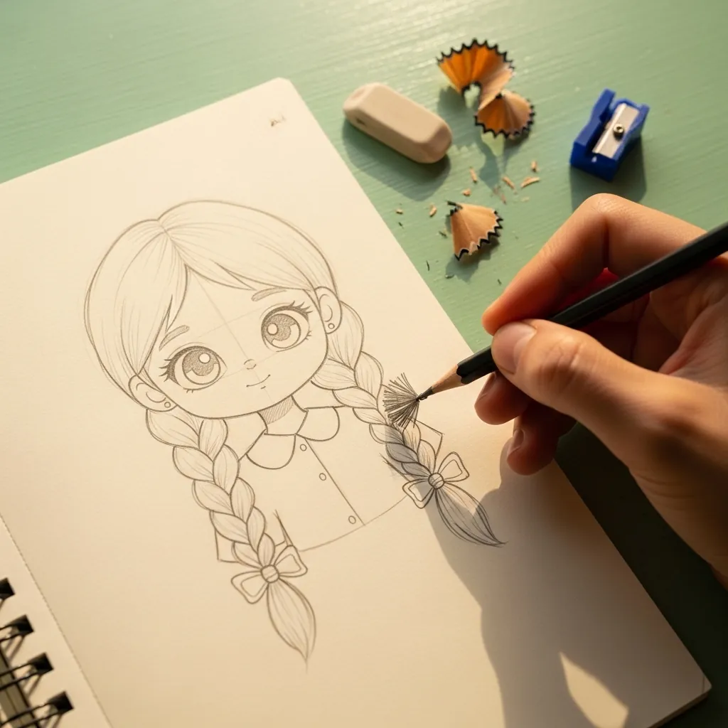 Beginner drawing a girl with a very long braid over her shoulder