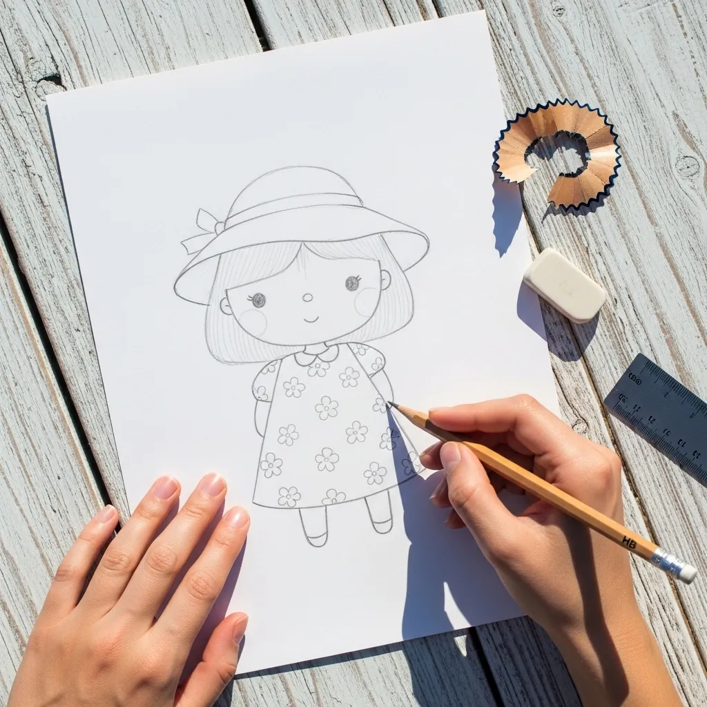 Beginner drawing a girl in a wide sun hat and a floral summer dress