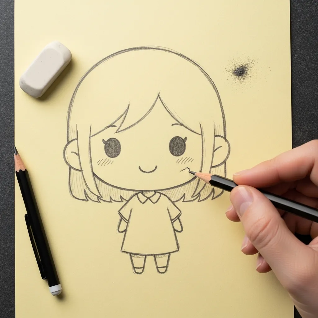 Beginner drawing a simple girl face with minimal lines on yellow paper