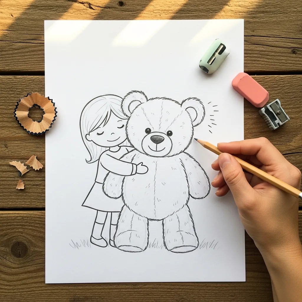 Beginner drawing a girl hugging a large teddy bear in pencil