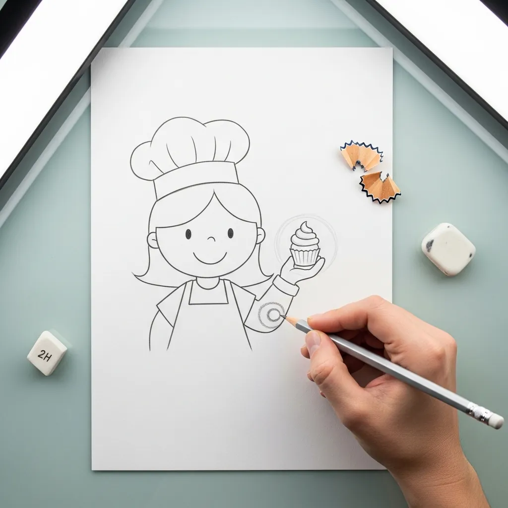 Beginner drawing a girl in a chef hat holding a cupcake