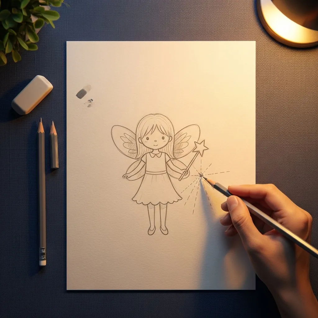 Beginner drawing a small fairy with wings and a sparkling wand