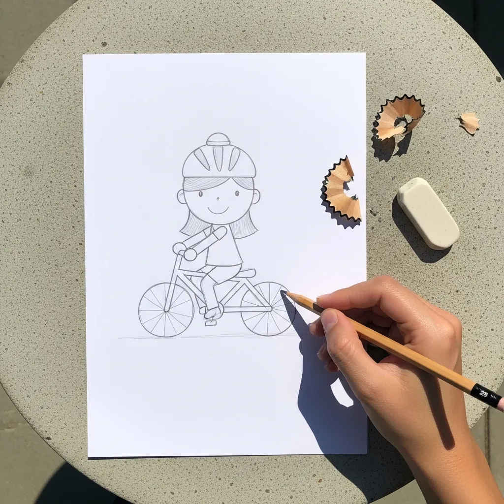 Beginner drawing a girl in a helmet riding a bicycle