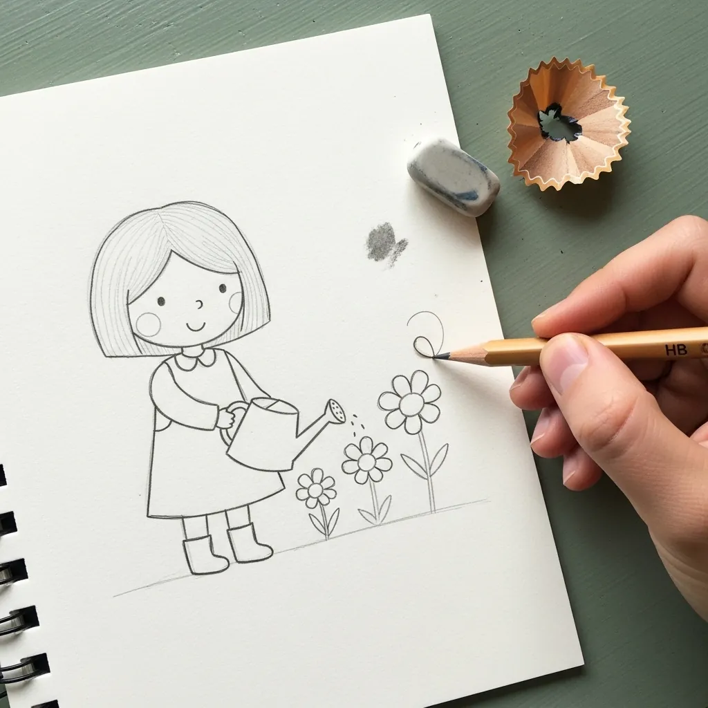 Beginner drawing a girl watering a row of flowers with a watering can