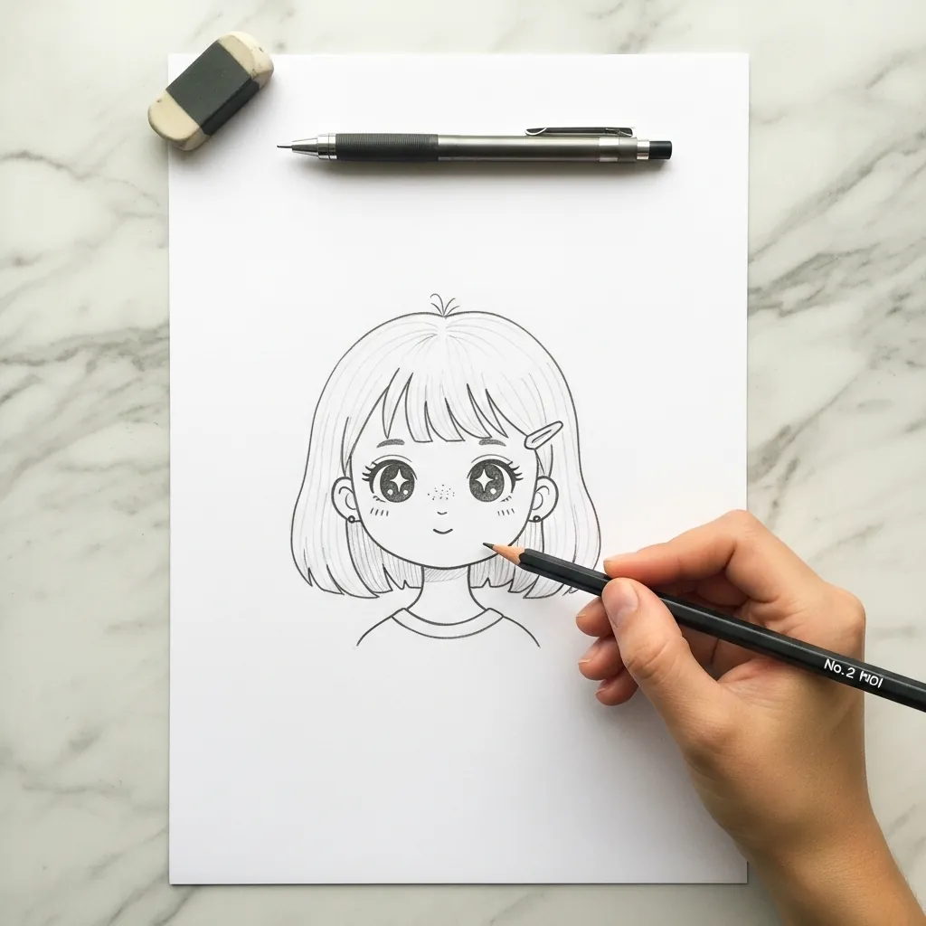 Beginner drawing a girl with a short bob haircut and a plain face