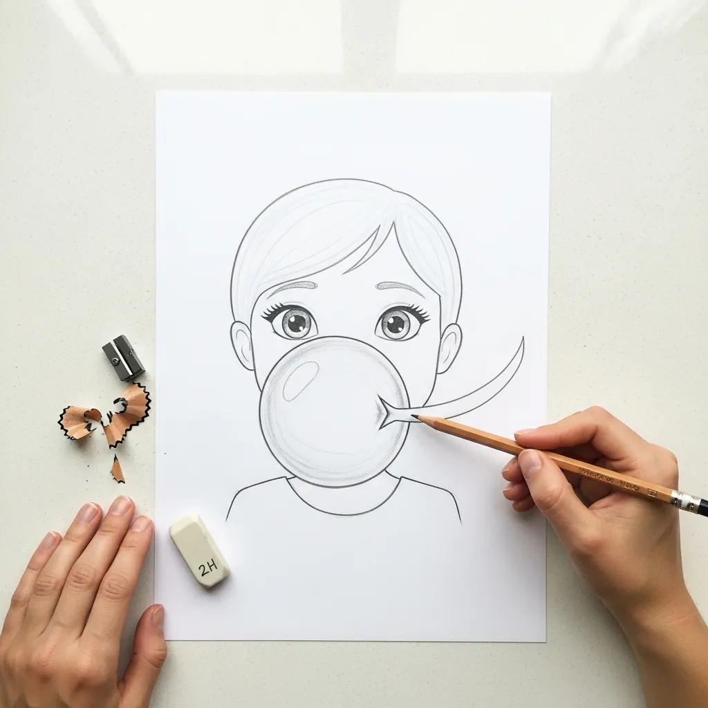 Beginner drawing a girl blowing a large bubblegum bubble