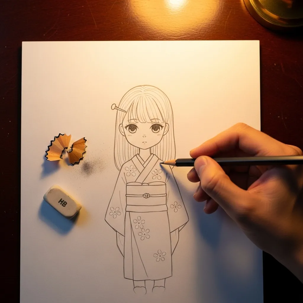 Beginner drawing a girl wearing a patterned kimono in pencil