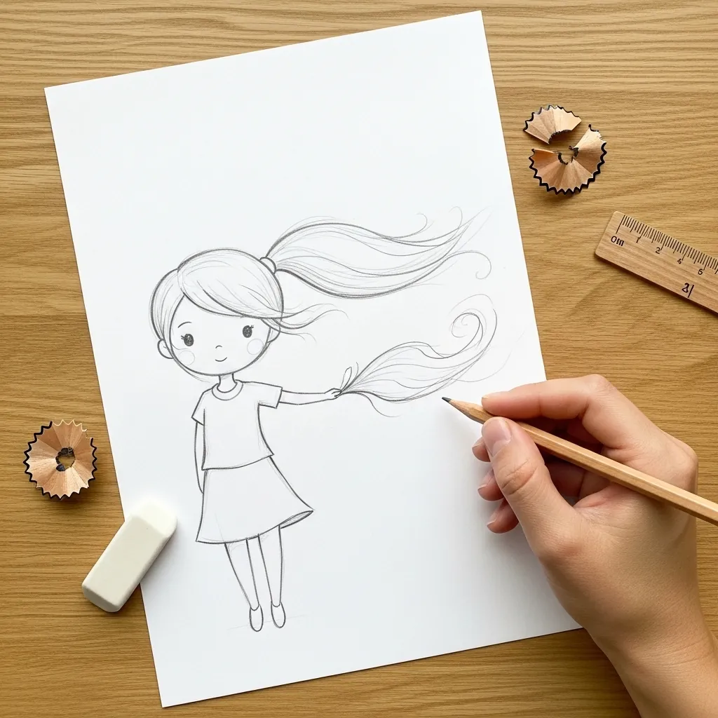 Beginner drawing a girl with her long hair blowing sideways