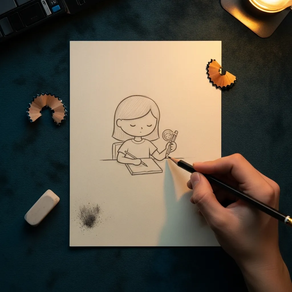 Beginner drawing a girl holding a swirl lollipop on toned paper