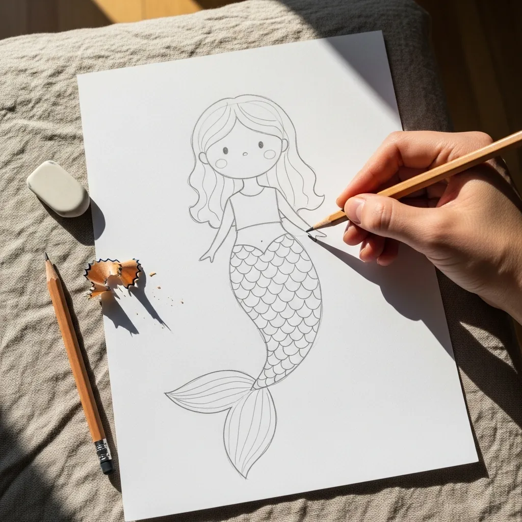 Beginner drawing a mermaid girl with a long scaled tail