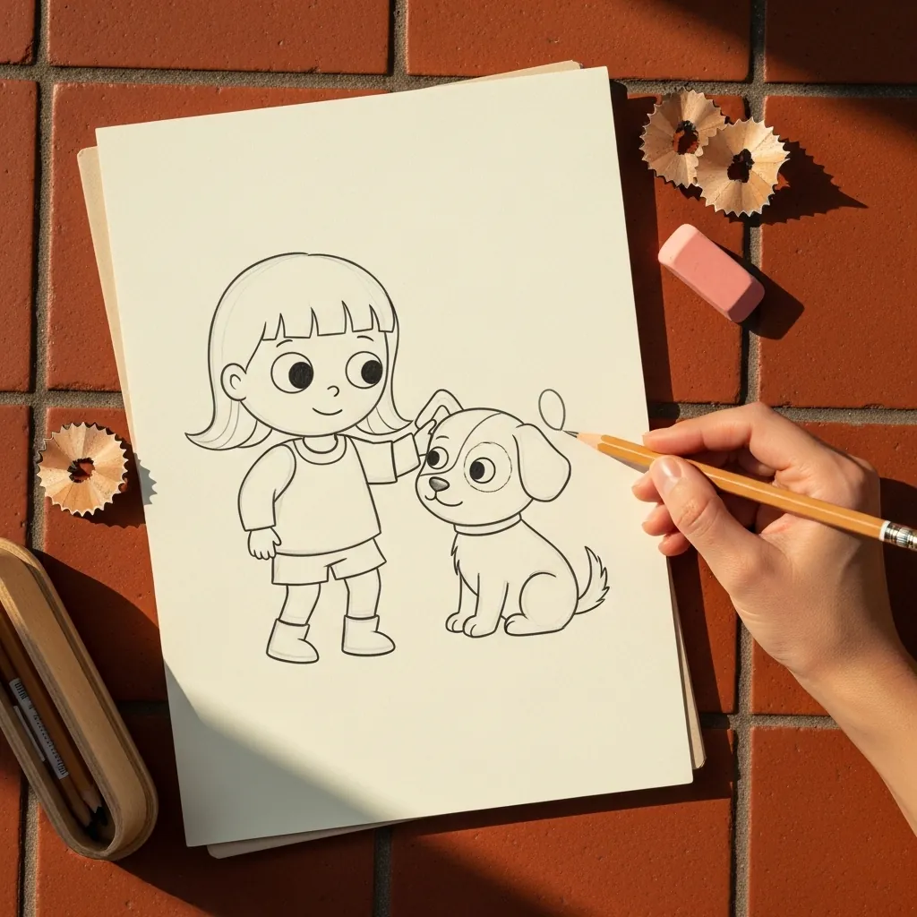 Beginner drawing a girl standing beside a small puppy on cream paper