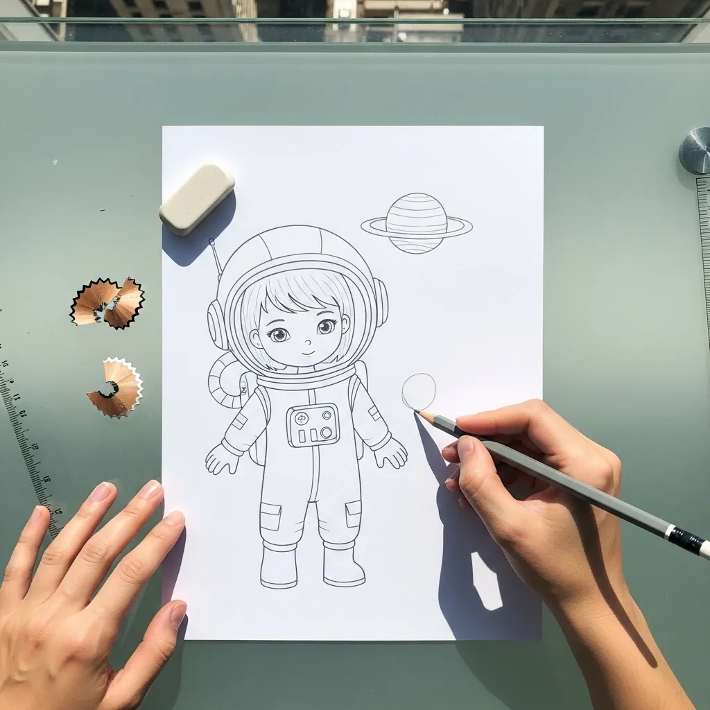 Beginner drawing a girl in a spacesuit and helmet with planets behind