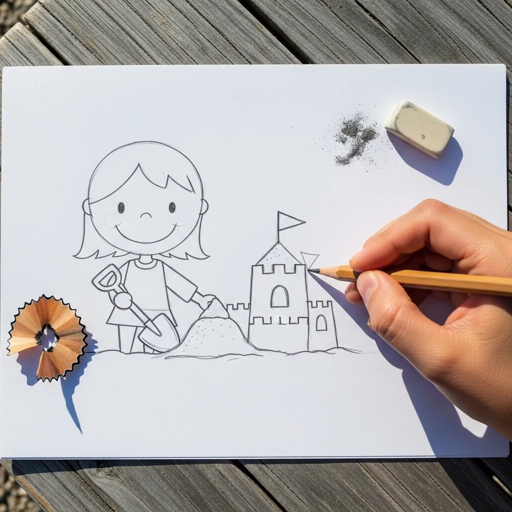 Beginner drawing a girl building a sandcastle with a spade