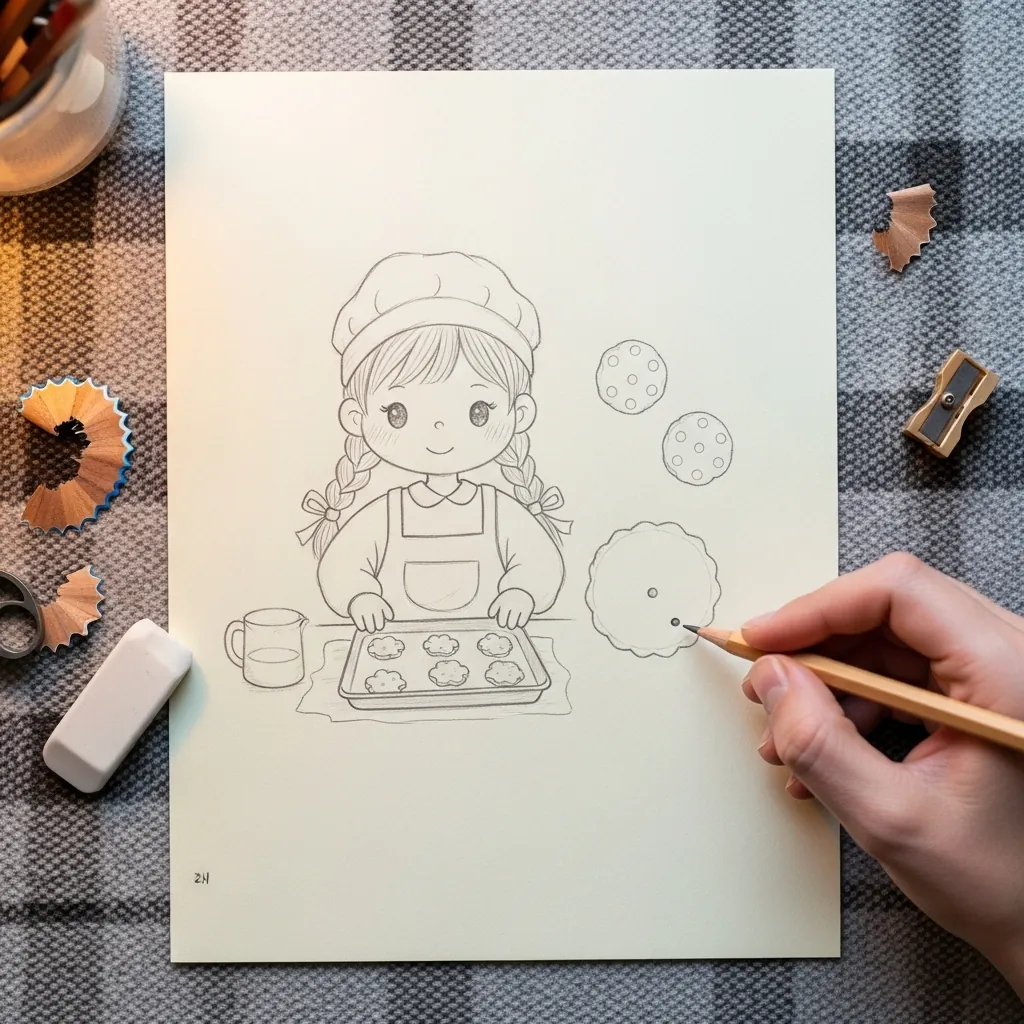 Beginner drawing a girl in an apron holding a tray of cookies