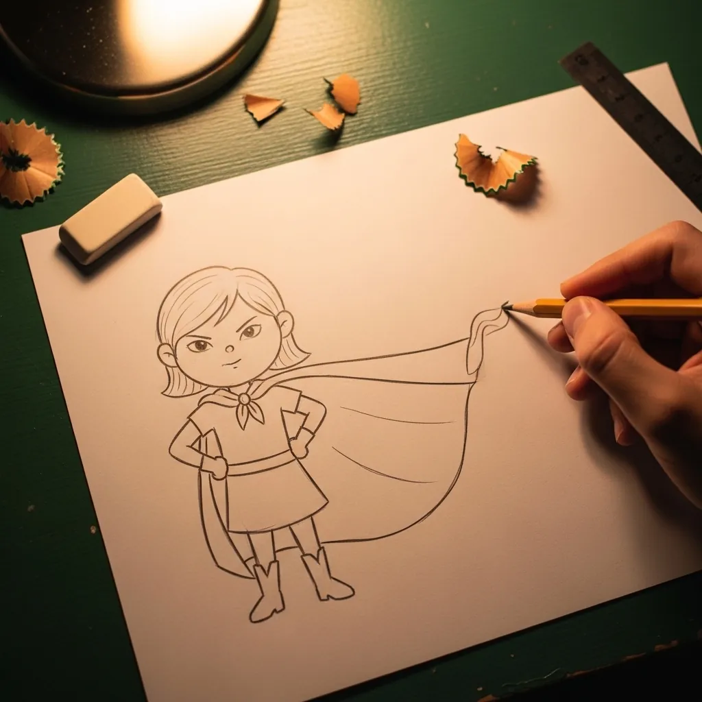 Beginner drawing a girl in a superhero costume with a flowing cape