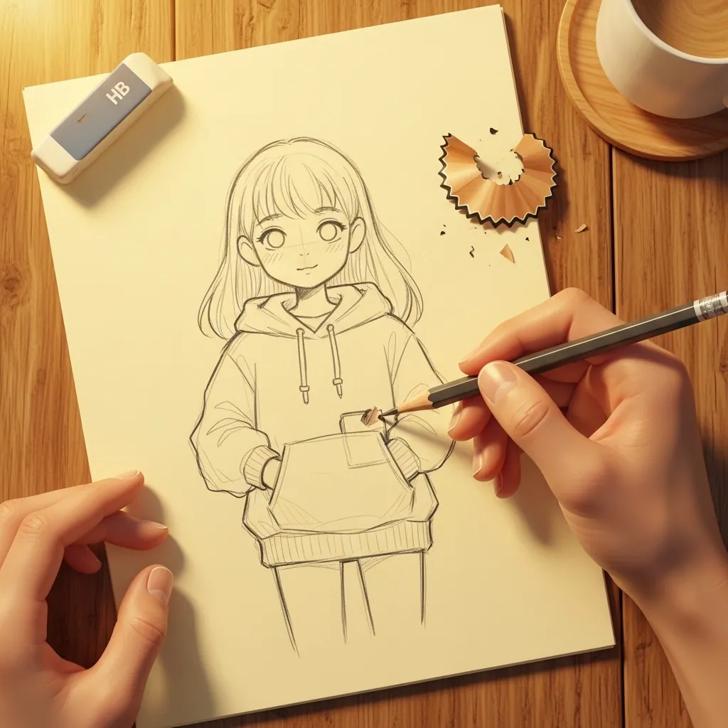 Beginner drawing a standing girl wearing an oversized hoodie on toned paper