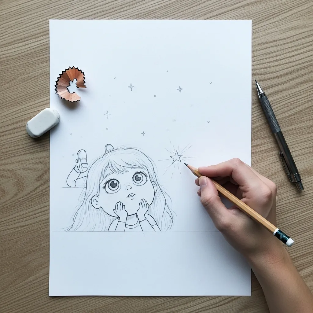 Beginner drawing a girl with very large eyes and sparkles around her