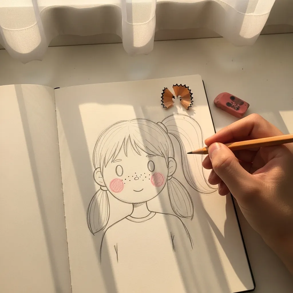 Beginner sketching a girl with pigtails, freckles and pink cheeks
