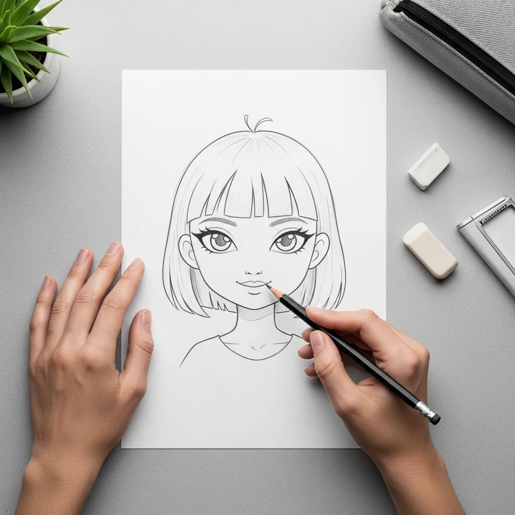 Beginner drawing a detailed girl face with a blunt fringe and large eyes