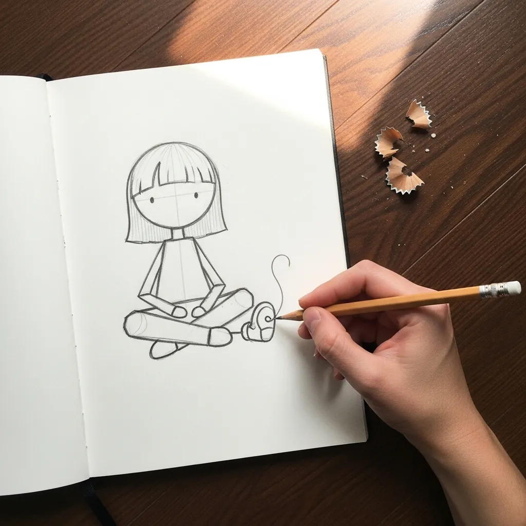 Beginner drawing a small girl sitting cross-legged in a sketchbook