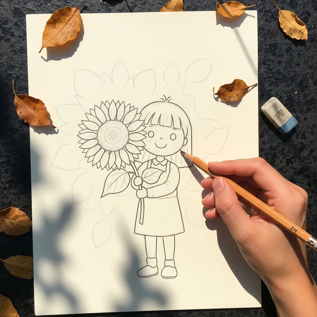 Beginner drawing a girl holding a large sunflower on cream paper