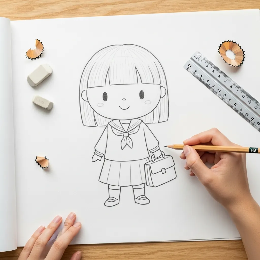 Beginner drawing a girl in a school uniform holding a satchel