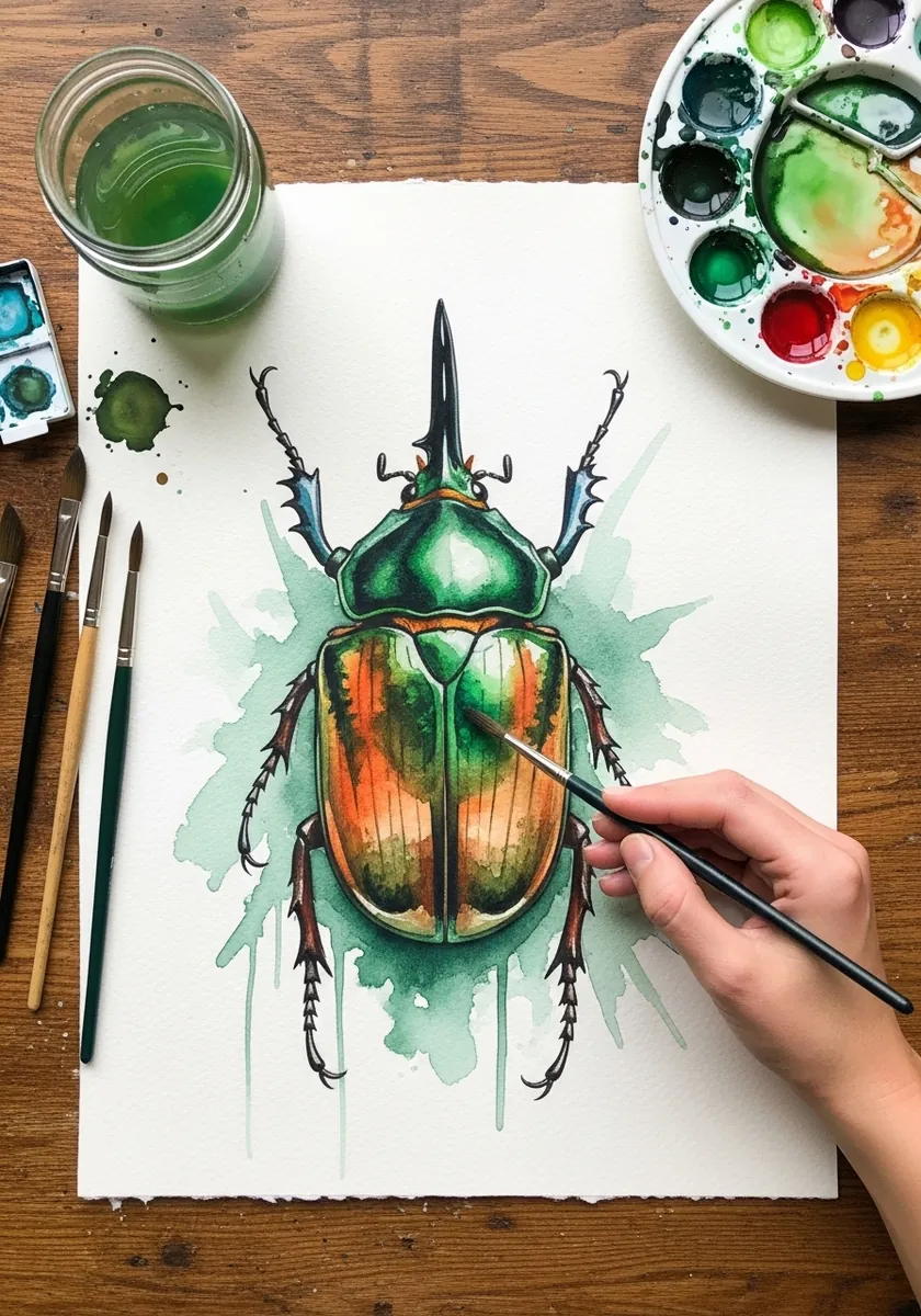 Watercolor green and orange scarab beetle on a loose teal splash background