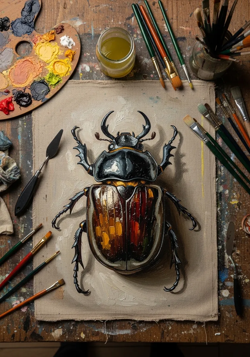 Thick oil painting of a dark beetle with a glowing amber and red shell