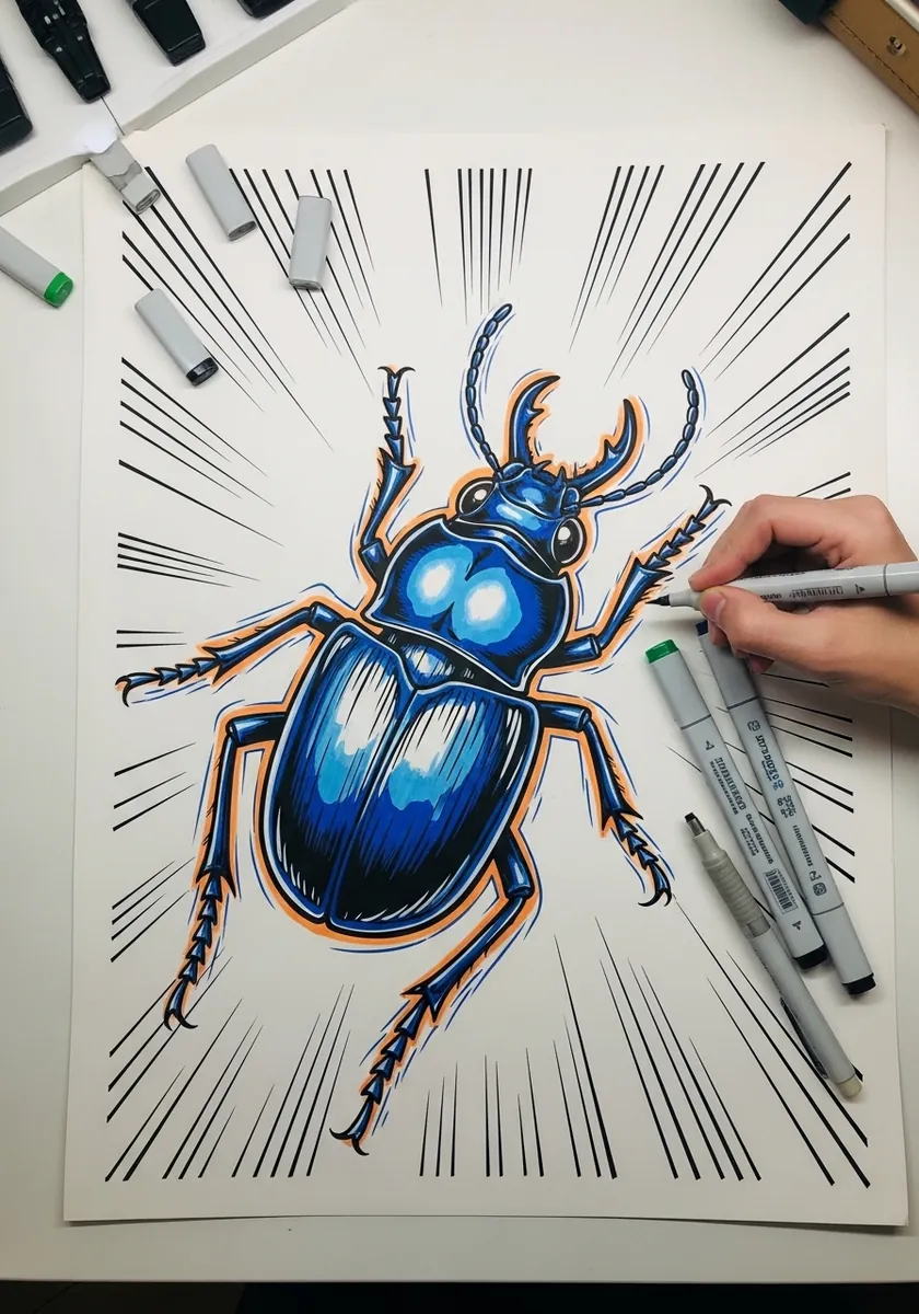Bright blue marker beetle with black radiating lines bursting behind it