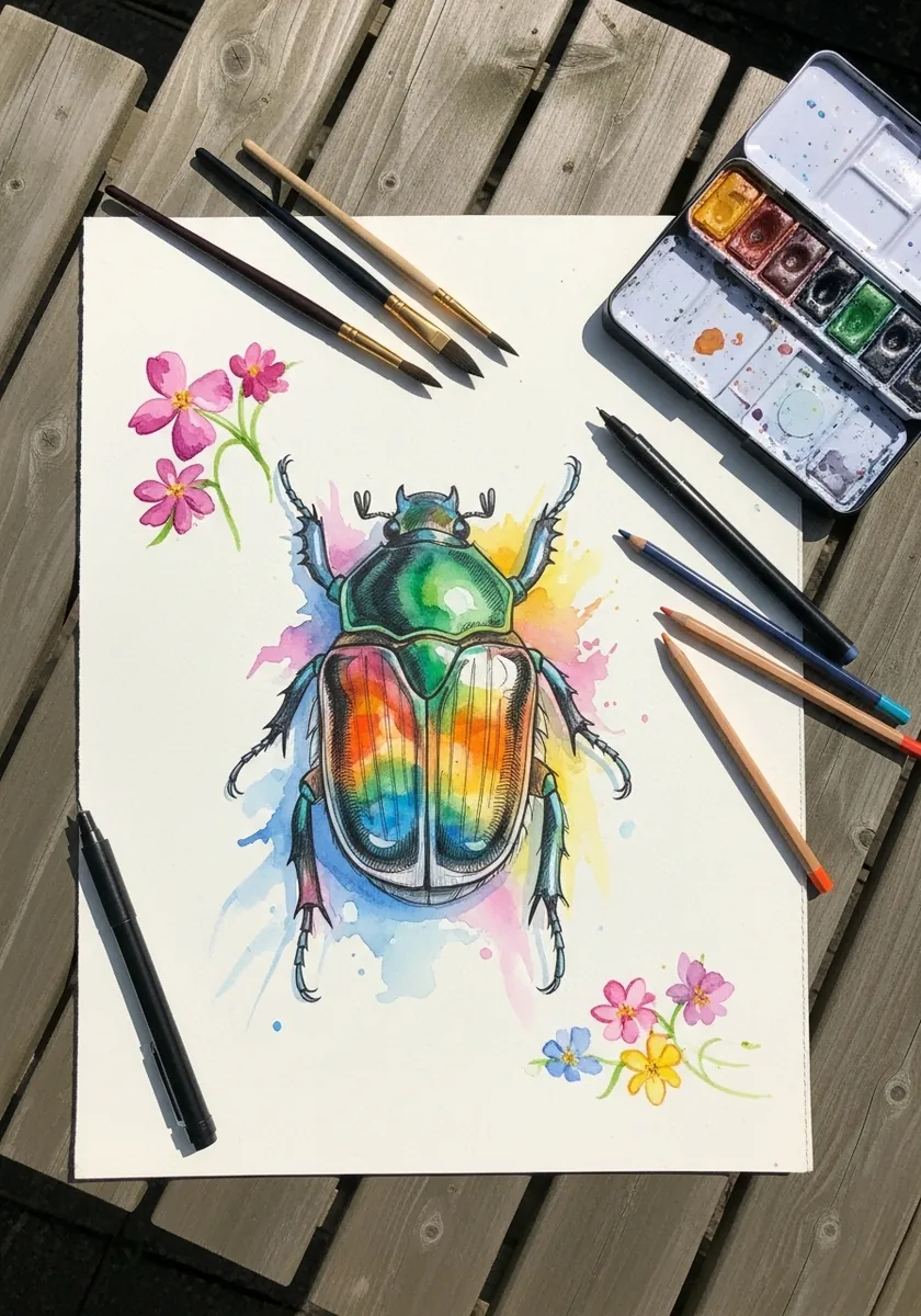 Watercolor beetle with a rainbow shell surrounded by small pink and blue flowers