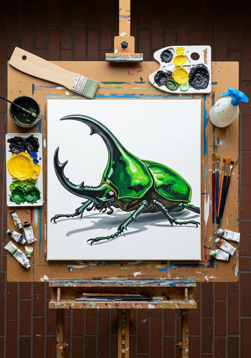 Bright green hercules beetle with a large curved horn painted in flat gouache