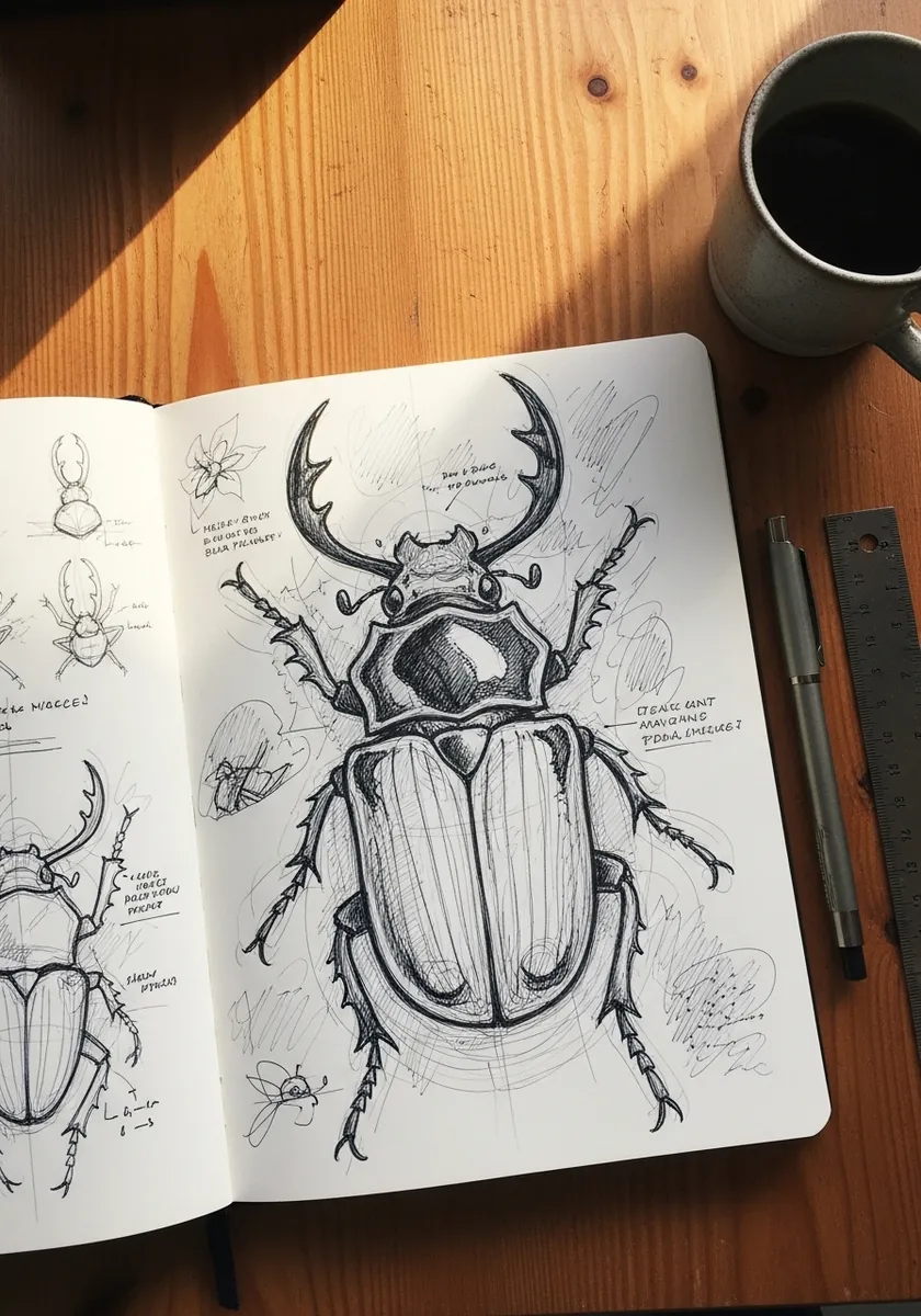 Open sketchbook with a beetle study surrounded by handwritten anatomy notes
