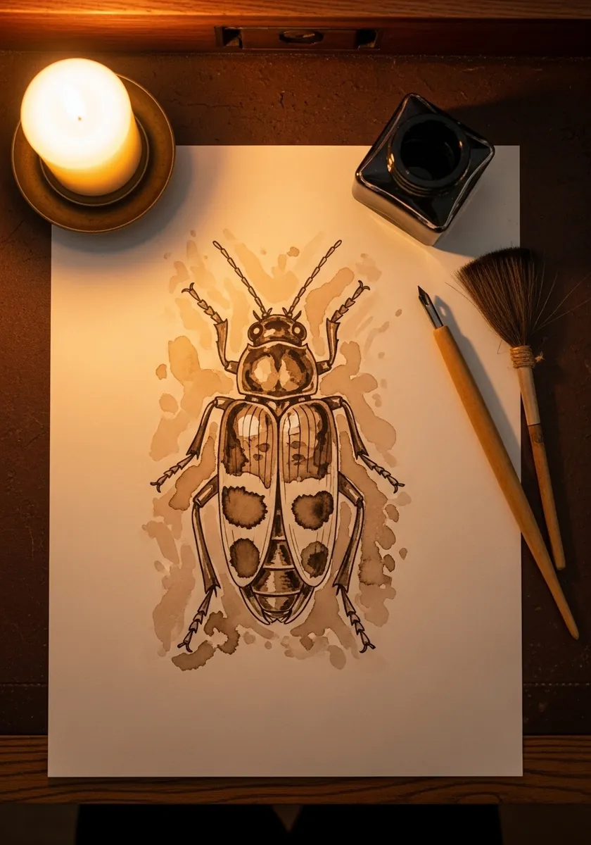 Warm sepia ink beetle with soft stains on cream paper lit by candlelight