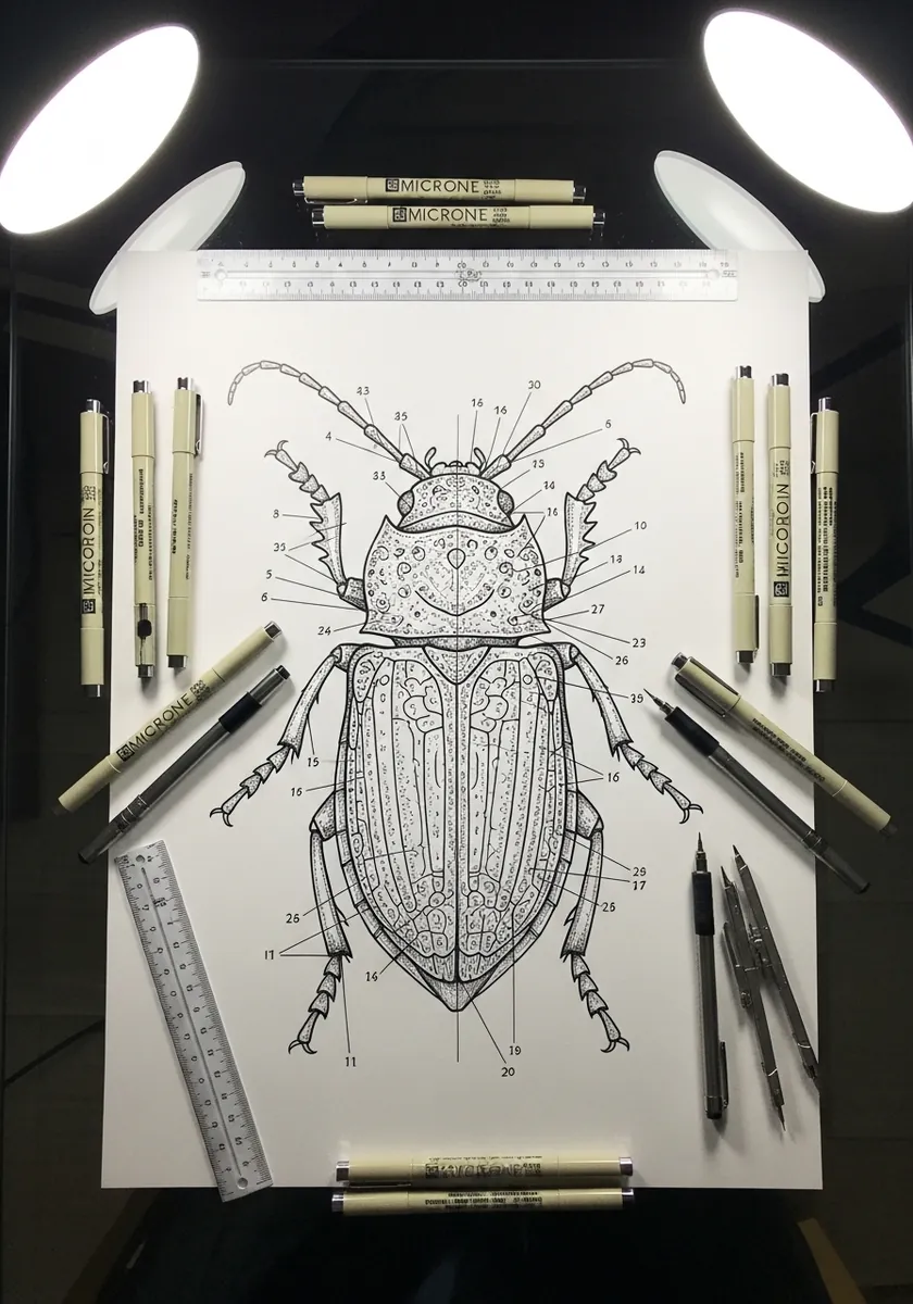 Fine line beetle diagram with numbered labels pointing to each body part