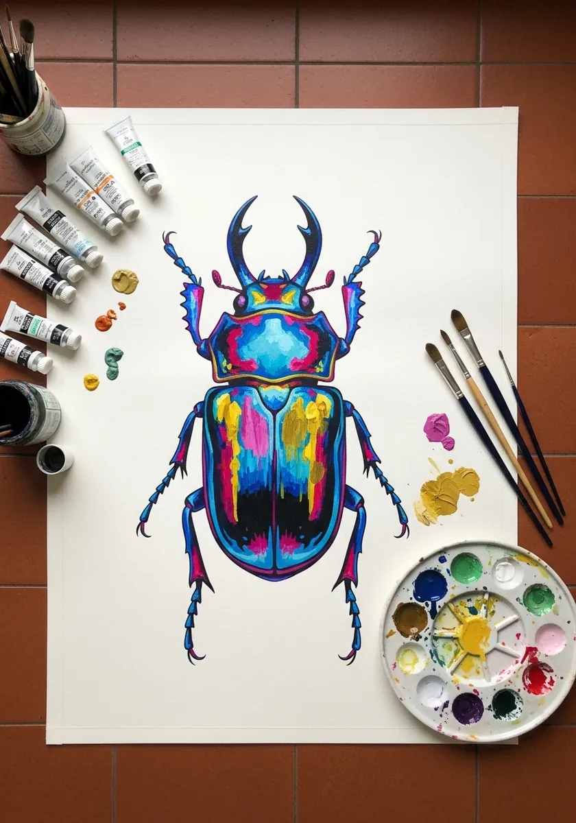 Bright acrylic stag beetle in pink blue yellow and green with bold outlines
