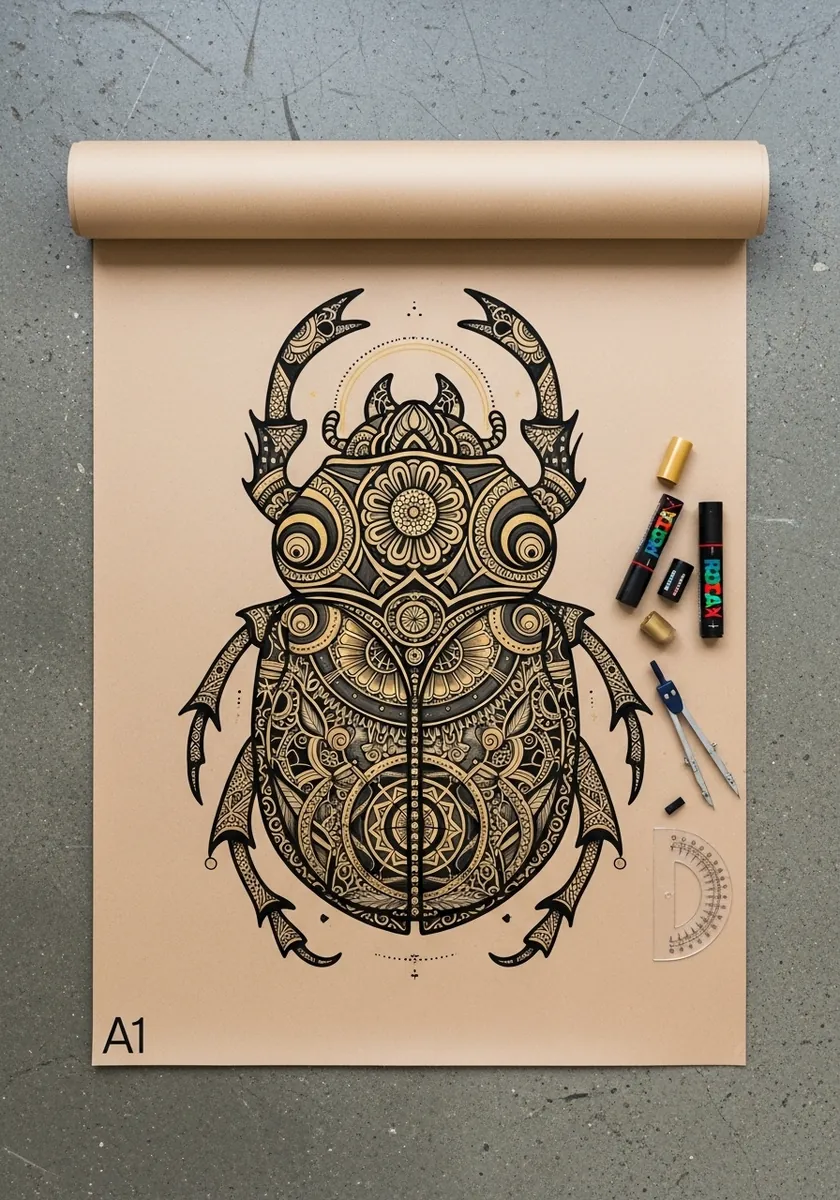 Ornate gold and black patterned scarab beetle drawn on tan kraft paper