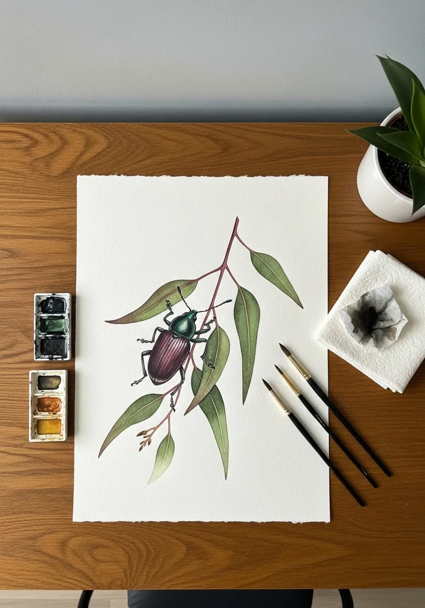 Watercolor beetle with an iridescent shell resting on a green eucalyptus branch