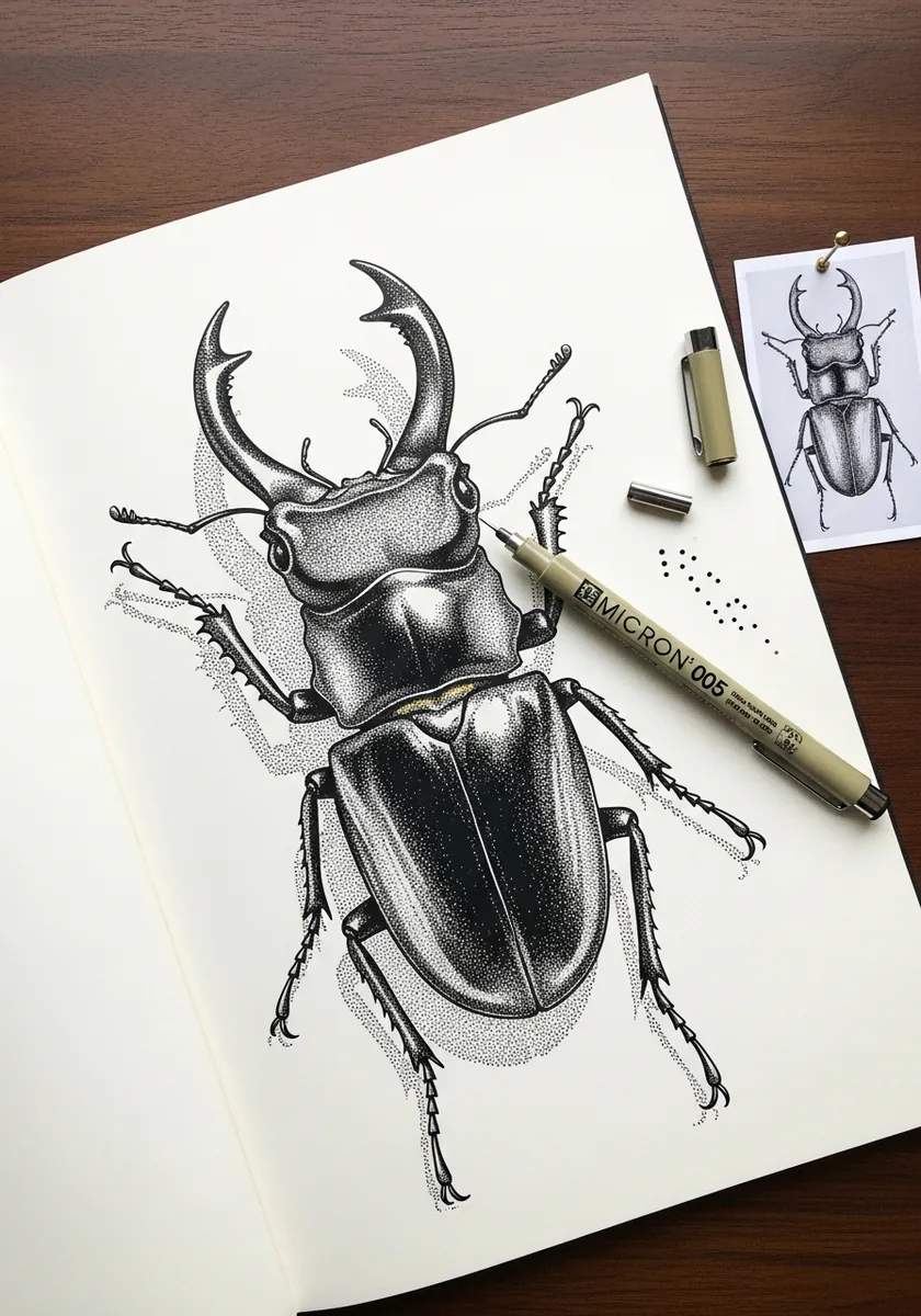 Highly detailed stippled ink stag beetle with large branching mandibles