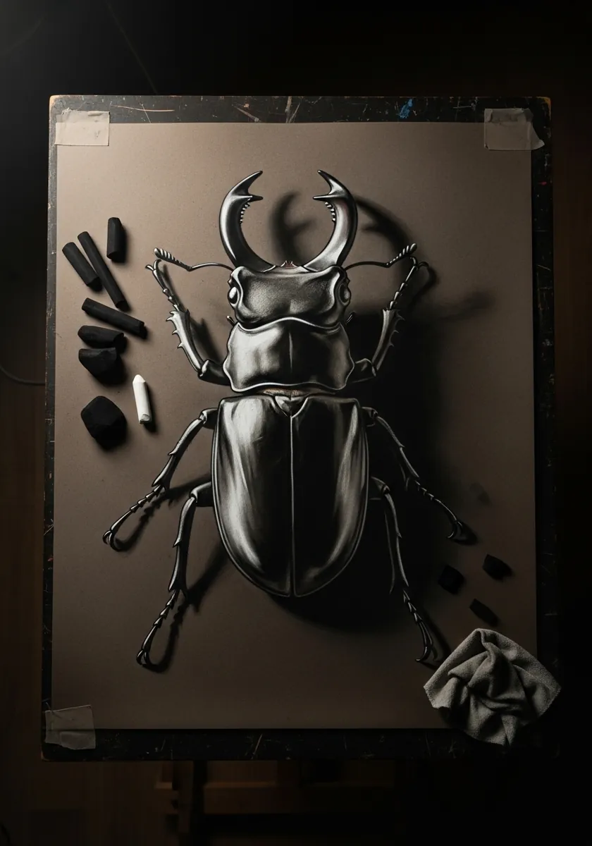 Dramatic charcoal stag beetle with strong lighting on warm toned board