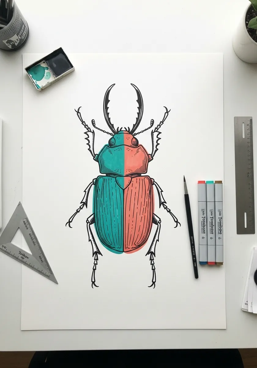 Line drawn beetle split vertically into teal on one side and coral on the other