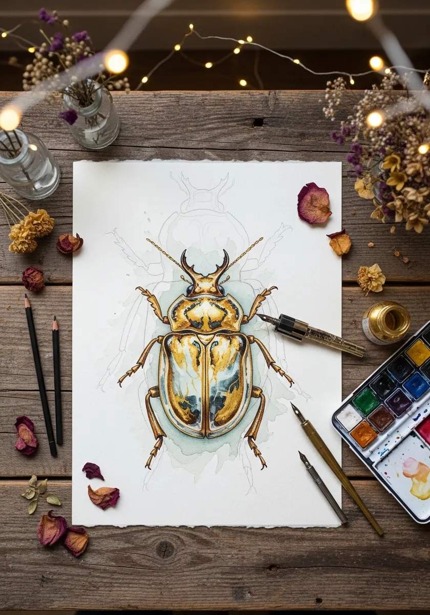 Delicate beetle painted in gold and white with fine ink detail on white paper